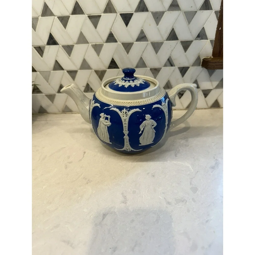 Antique Jasperware Teapot, Blue 4 cup, Dudson Hanley - Picture 1 of 12